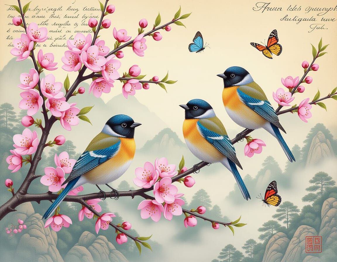 Hyperrealistic Exotic Birds in Blossoming Cherry Trees