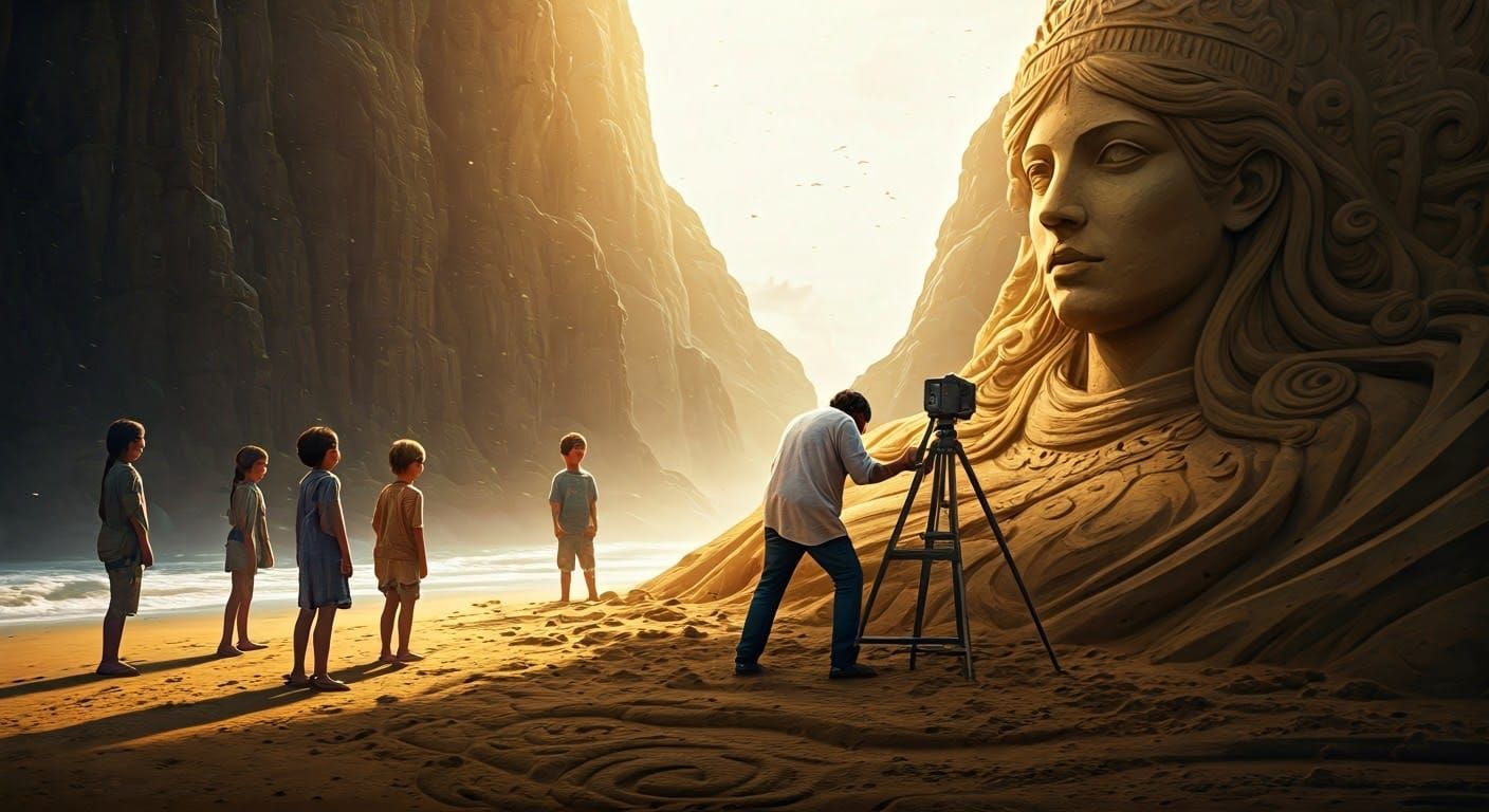 Sand Sculpture of Greek Goddess on Beach
