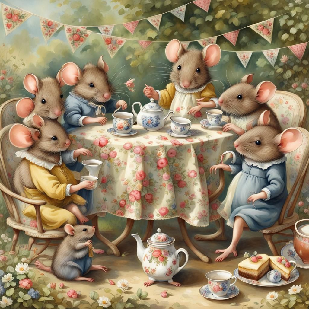 Mice Tea Party in Sunny English Garden