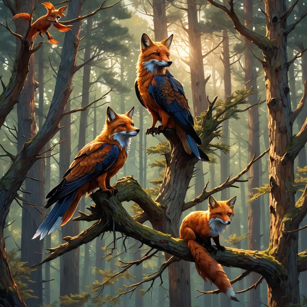 Majestic Fox-Kite Overlooking Forest: Fantasy Wildlife