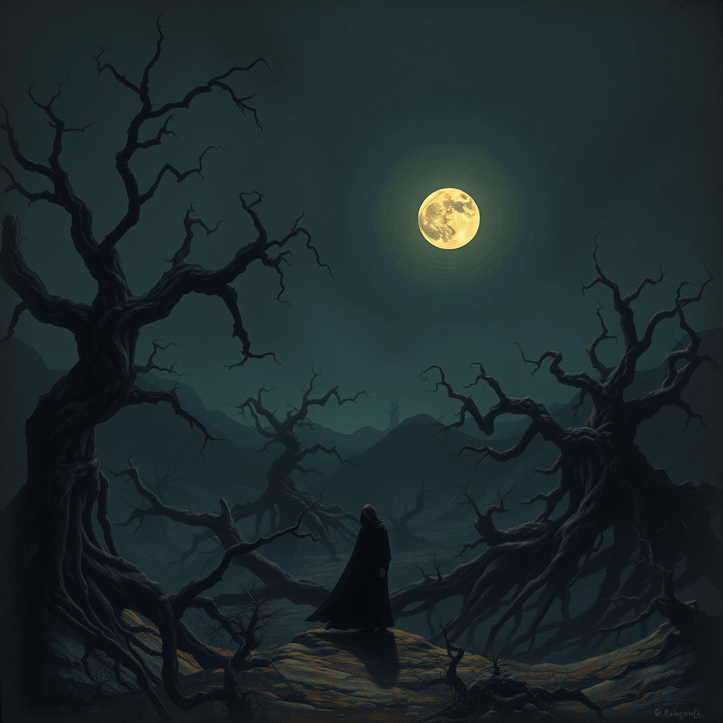 Dark Figure in Surreal Landscape: Gothic Horror