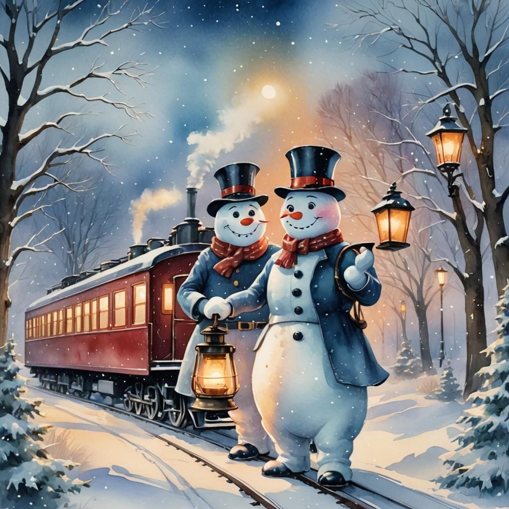 Frosty the Snowman on Vintage Train in Watercolor