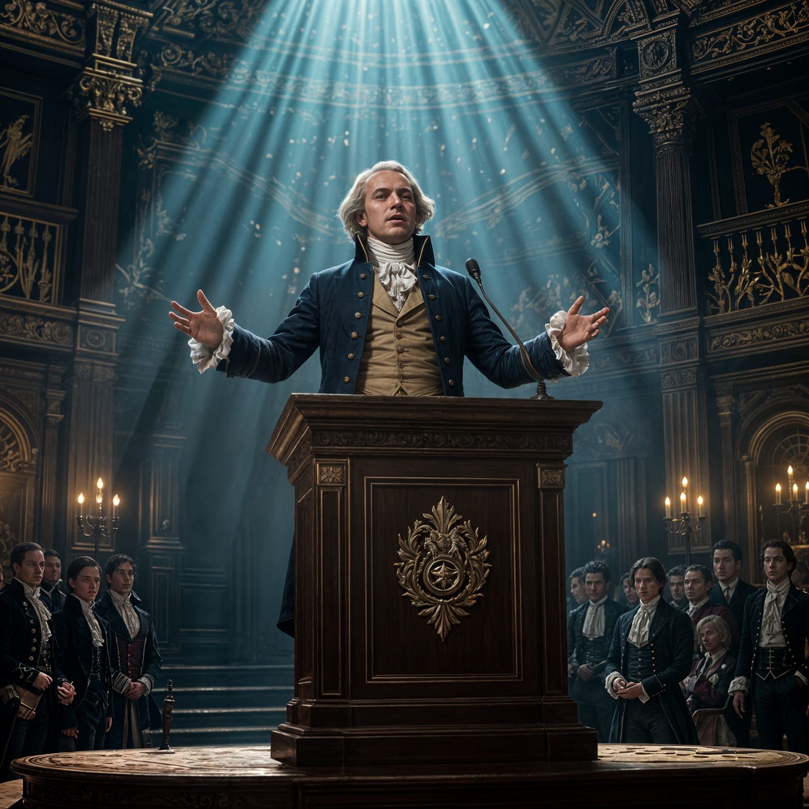 Robespierre Delivers Speech with Dramatic Lighting