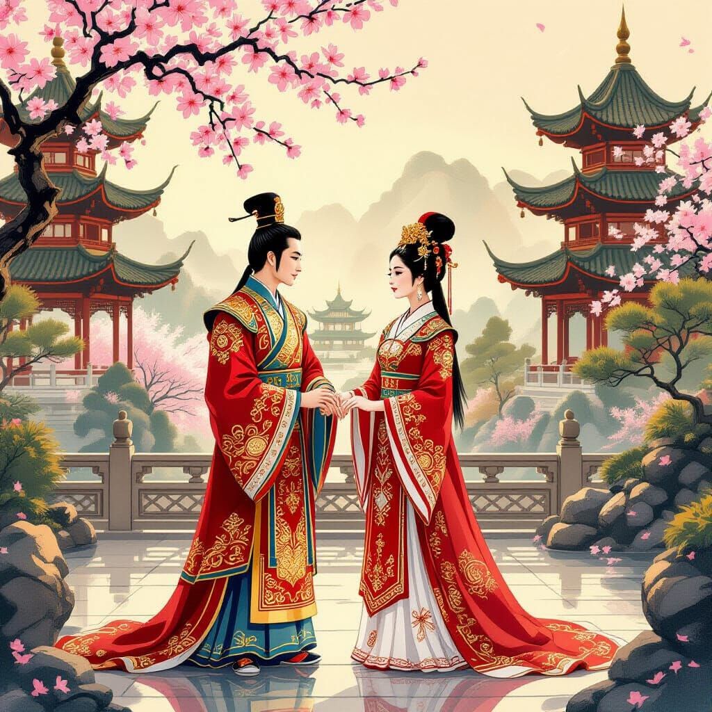 Emperor and Empress in Palace Garden Wedding