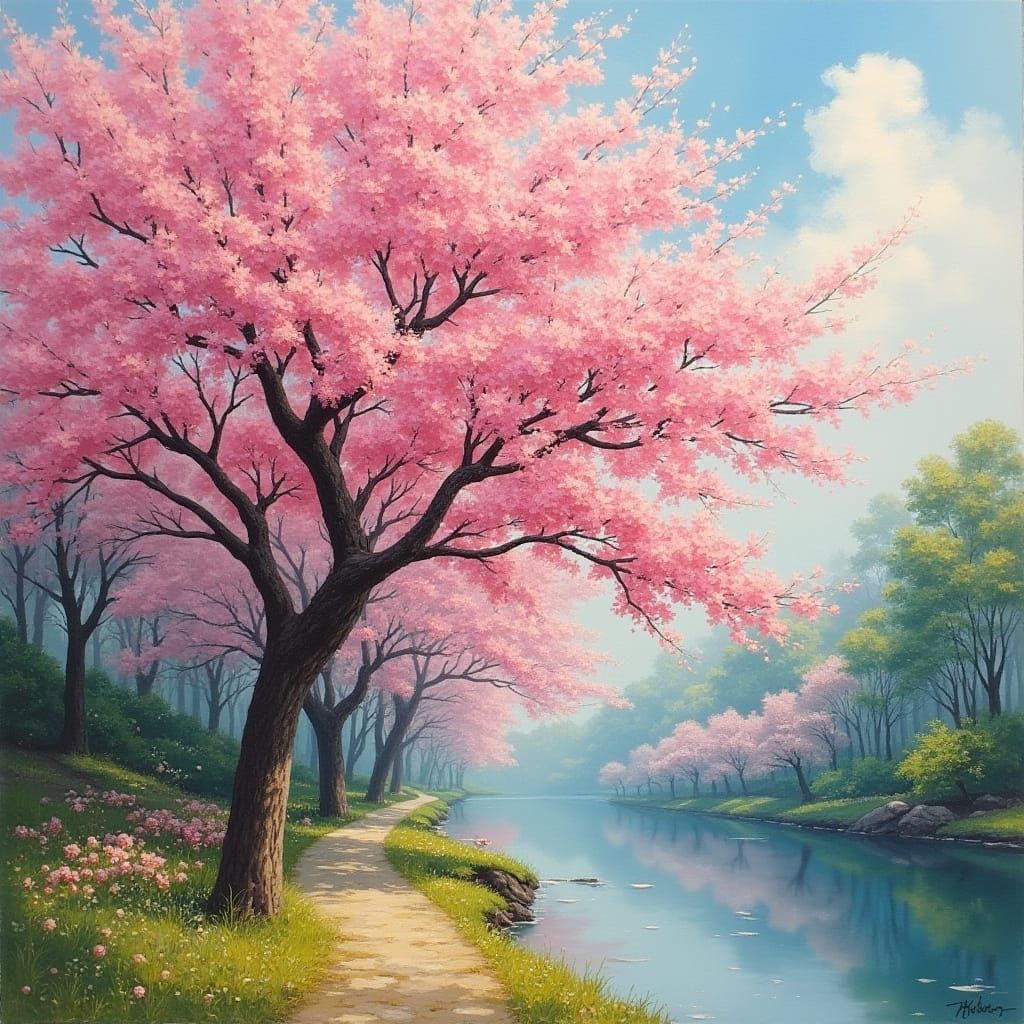 Roses Bloom on Japanese Cherry Blossom Trees in Impressionis...