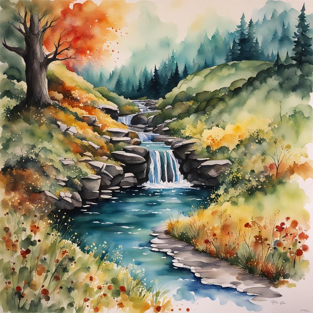 Watercolor Landscape with Frodo-like Character
