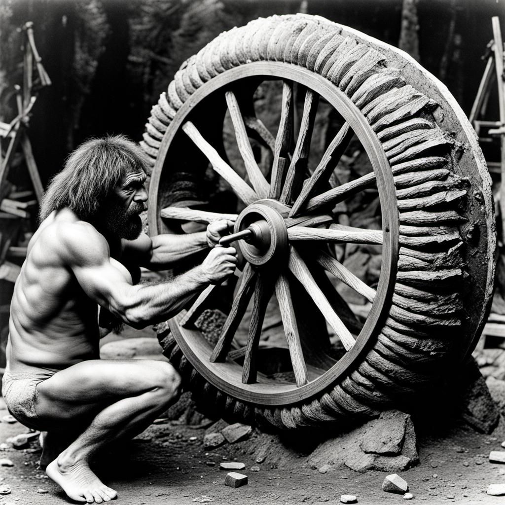 Neanderthals Invent the Wheel: Vintage Photograph