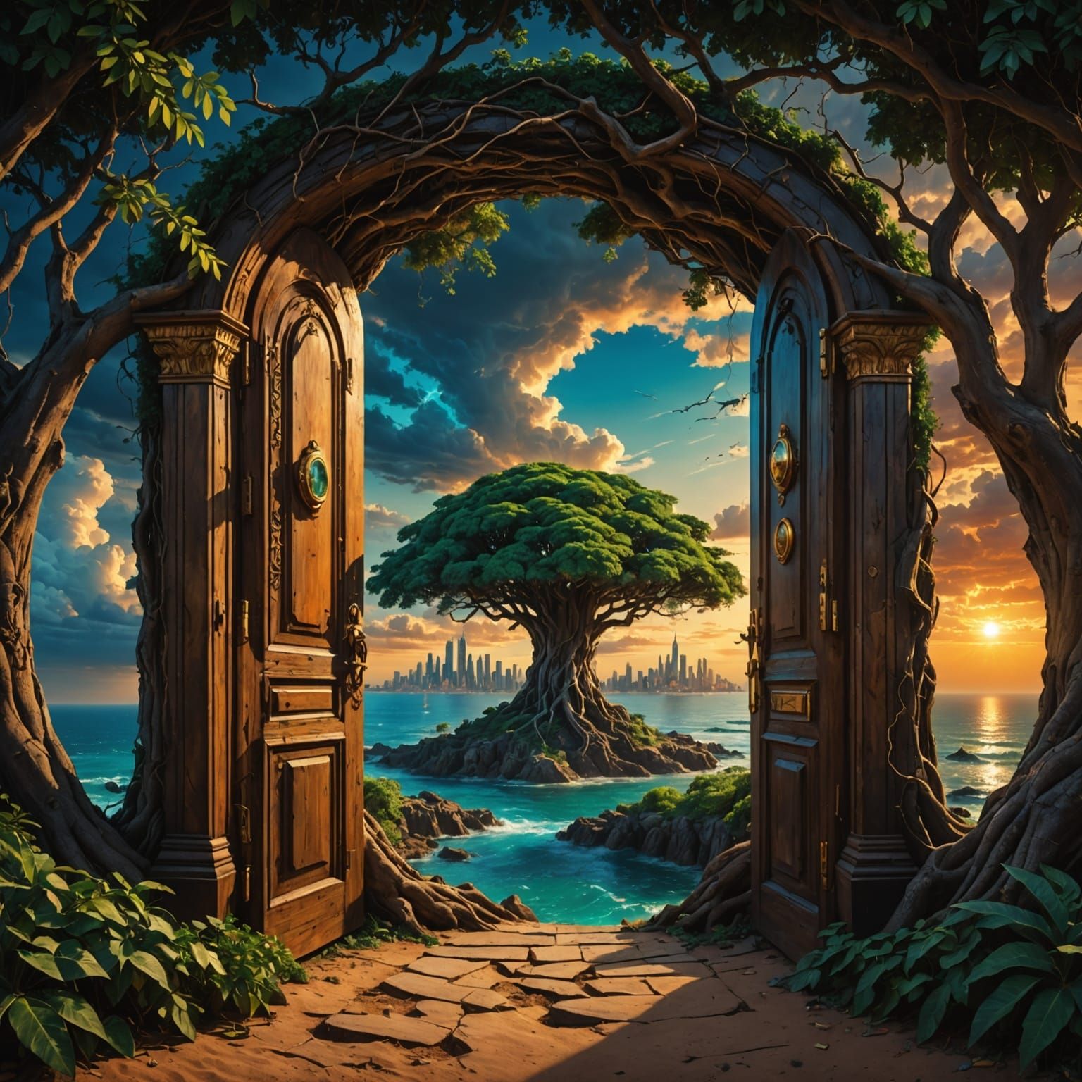Futuristic City Beyond the Tree Door