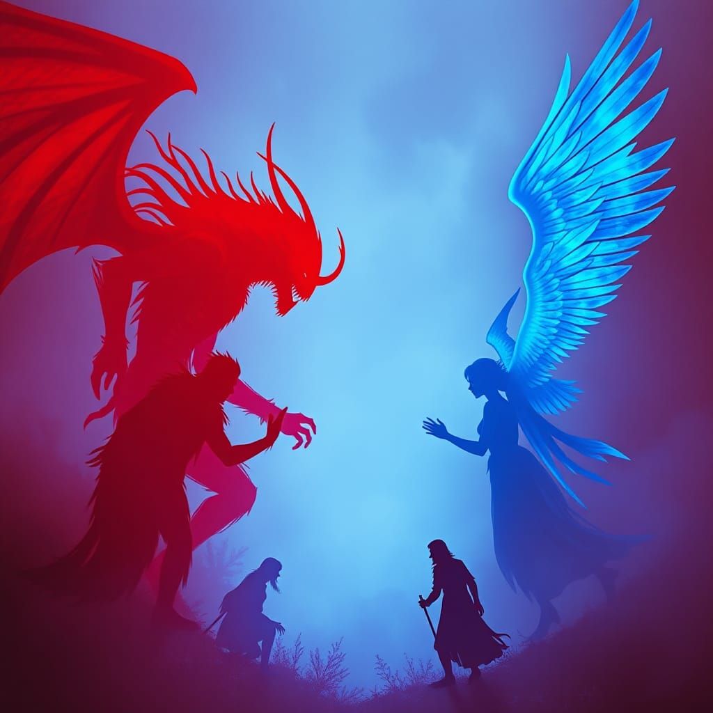 Red Nightmare Creatures Chase Blue Angelic Silhouettes