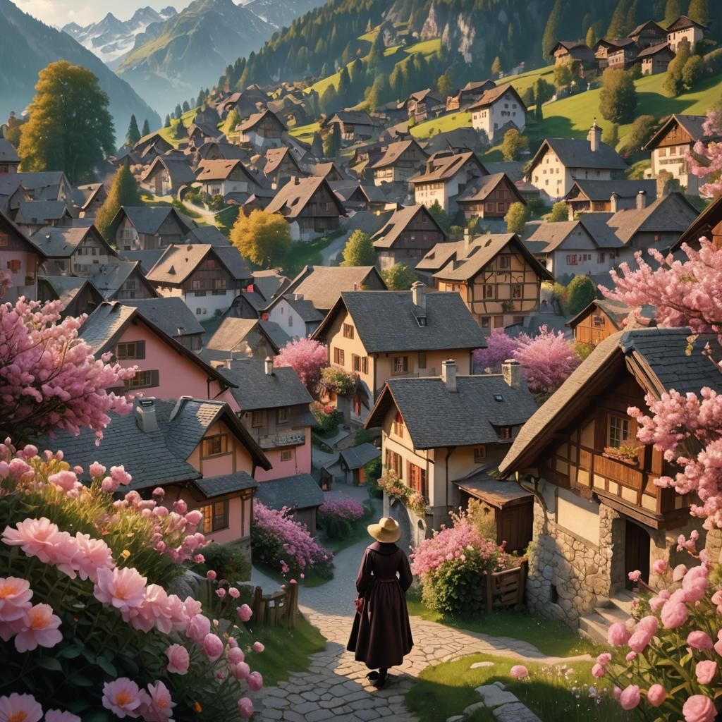 Erica in Swiss Alps Village with Pink Flowers