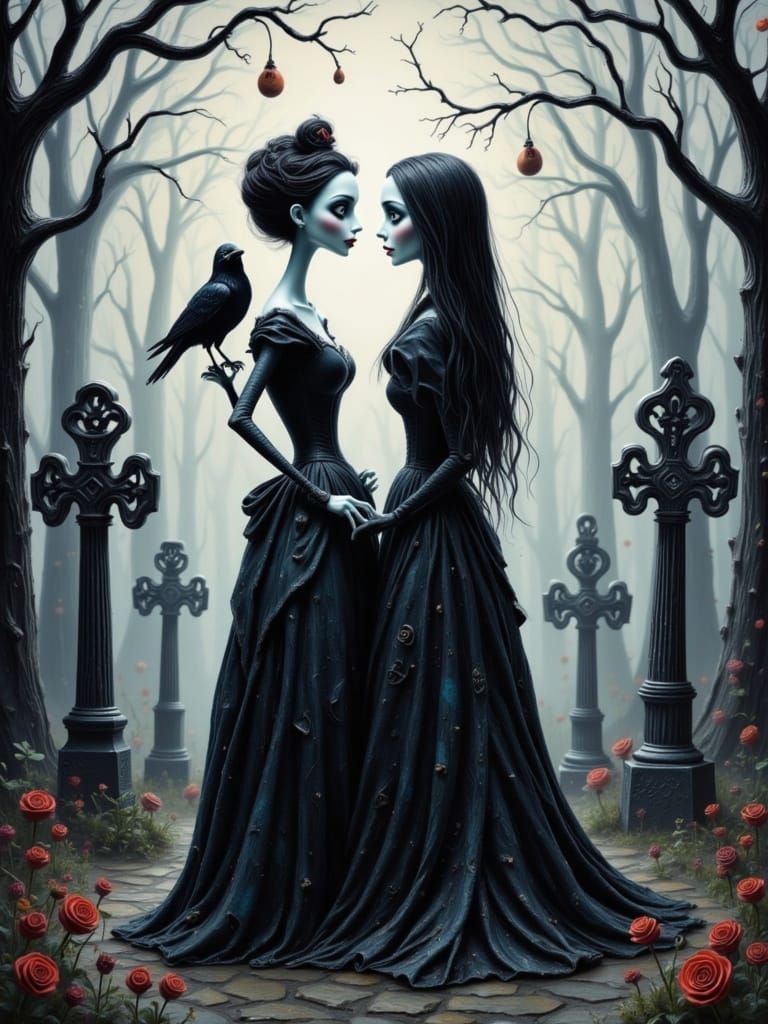Wednesday and Morticia in Cemetery, Gothic Art Style