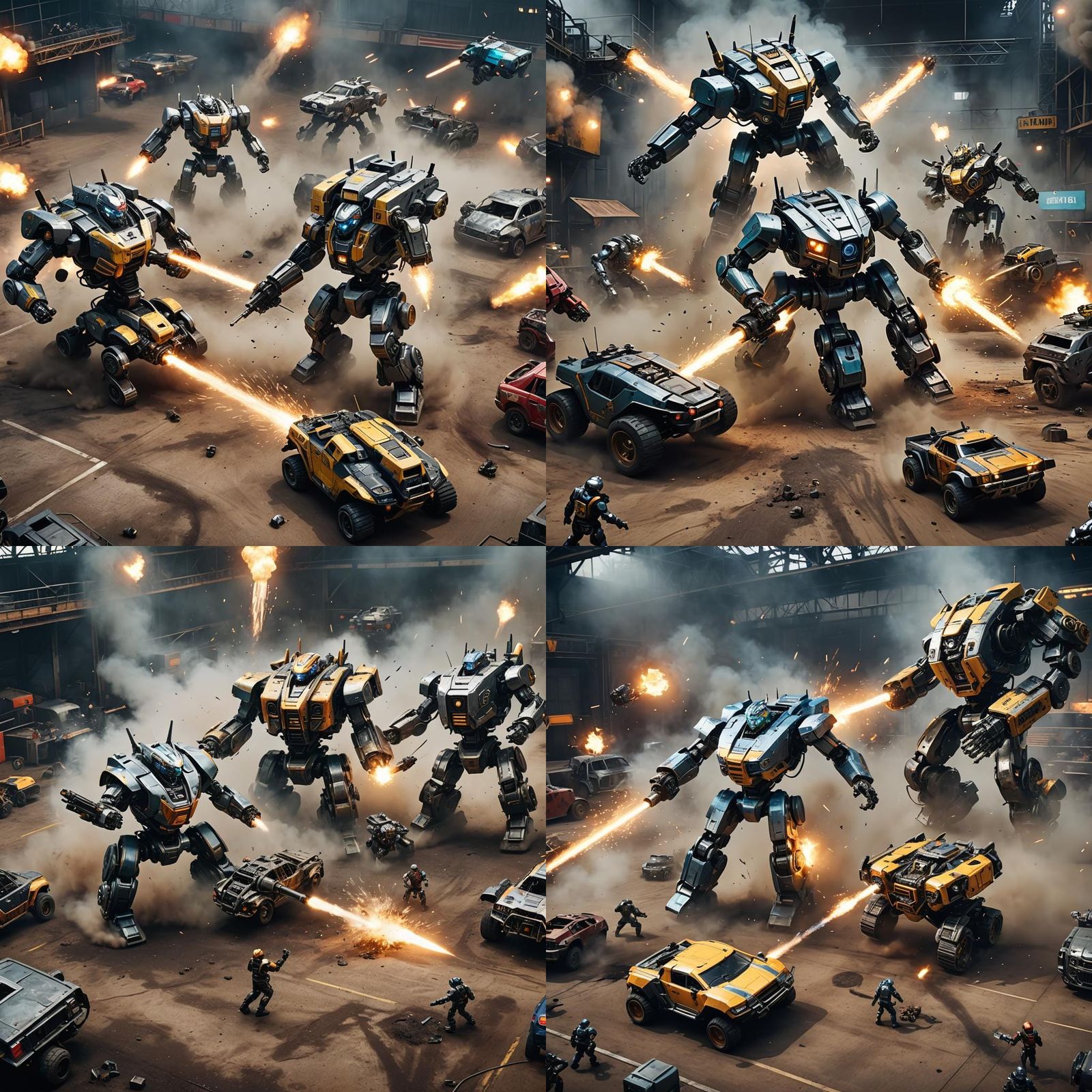 Robotic Car Battle in Industrial Arena: Cinematic Detail