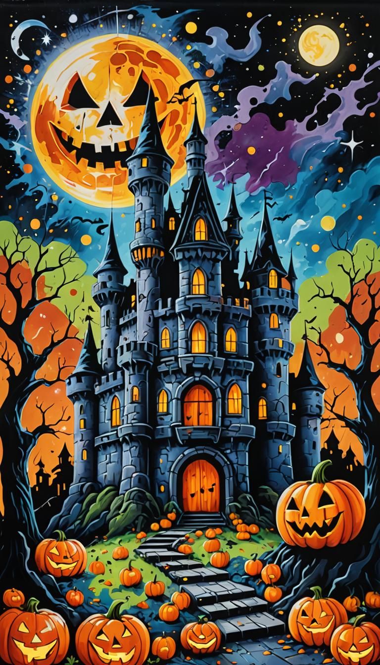 Halloween Castle Graffiti Art with Moon and Ghost