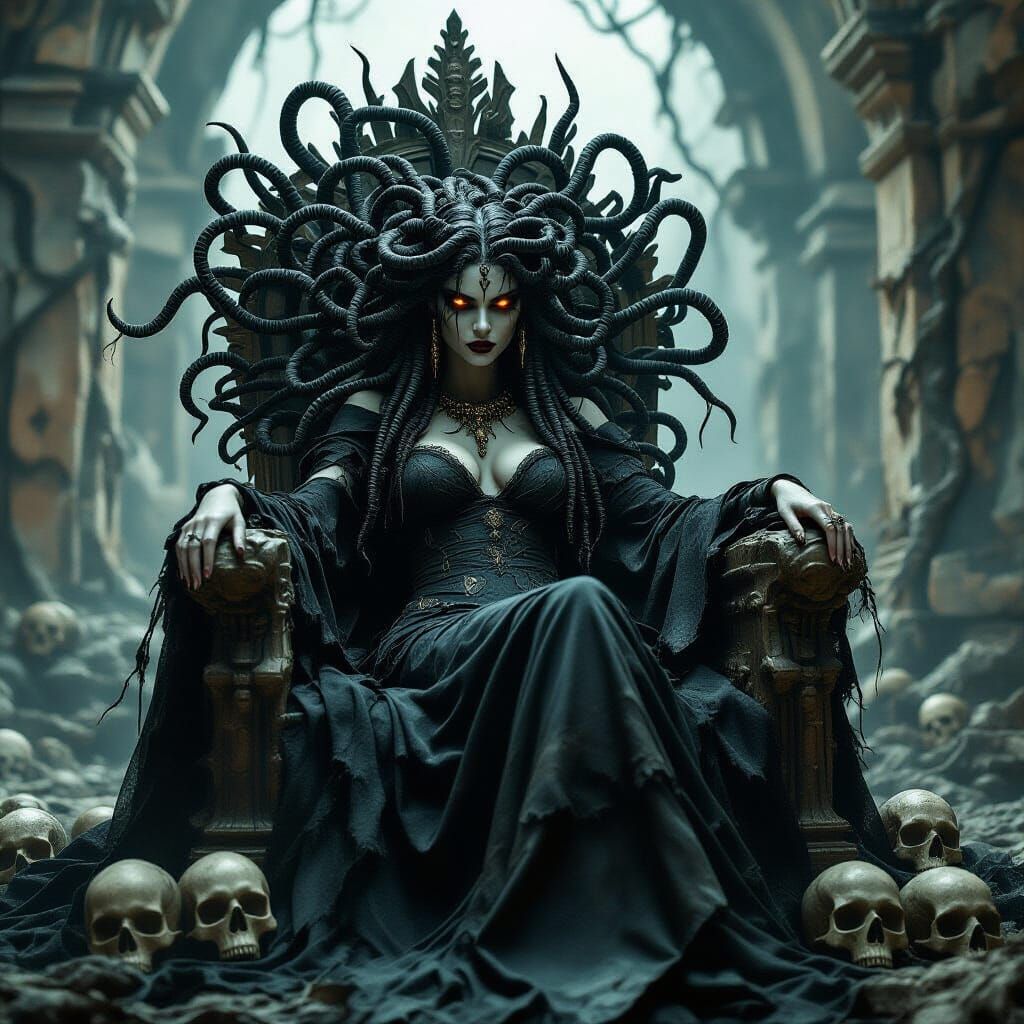 Medusa on Skull Throne in Desolate Temple