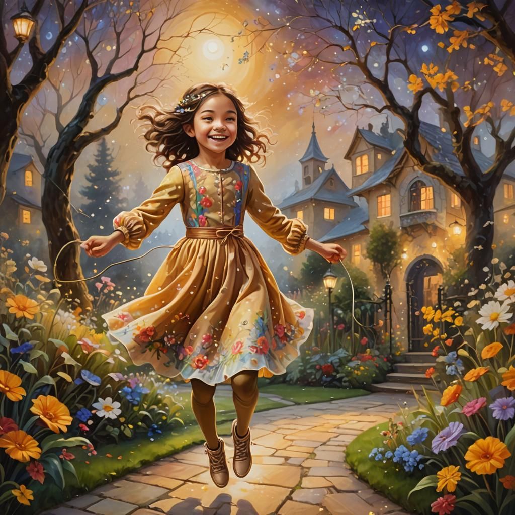 Whimsical Girl Jumping Rope in Moonlit Garden Painting