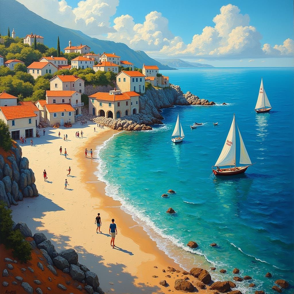 Seaside Village in Neo-Expressionist Style