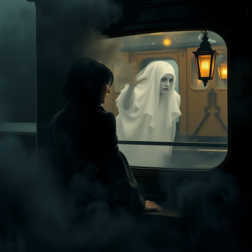 Mystical Woman on a Foggy Train at Night