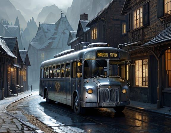 Shiny Silver Bus in Old Village Cinematic Matte Painting