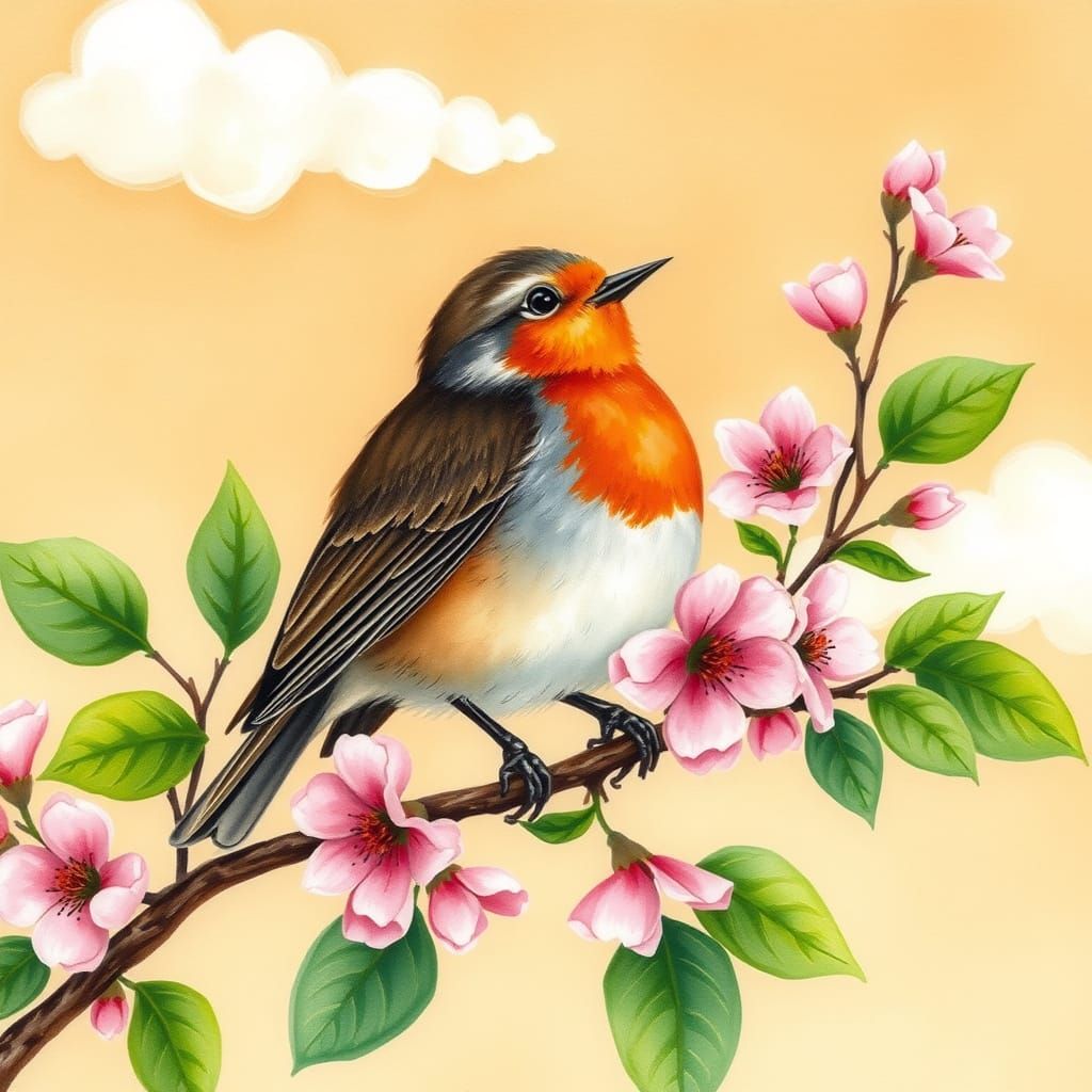 Whimsical Spring Robin in Watercolor Style
