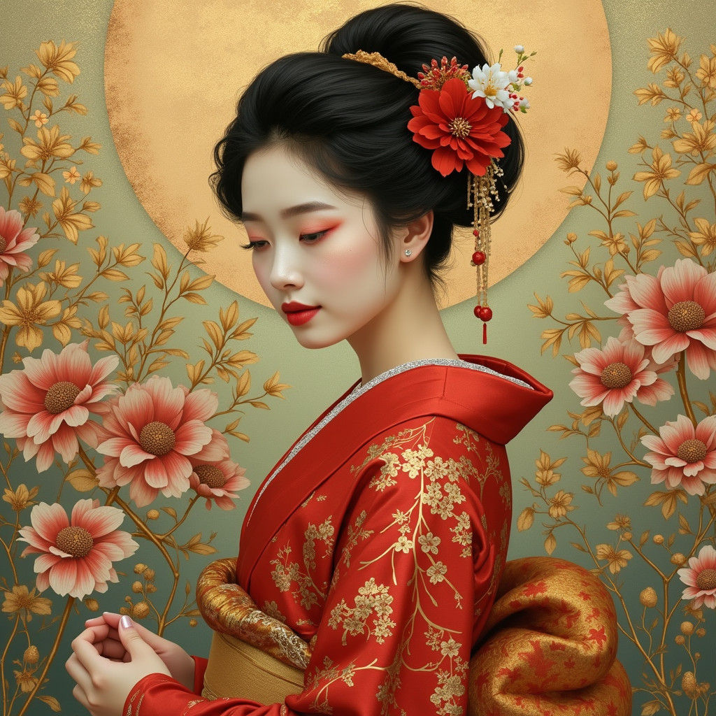 An Asian woman woman in a red kimono influenced by pre-Raphaelite painting, floral painting with original traits inspire...