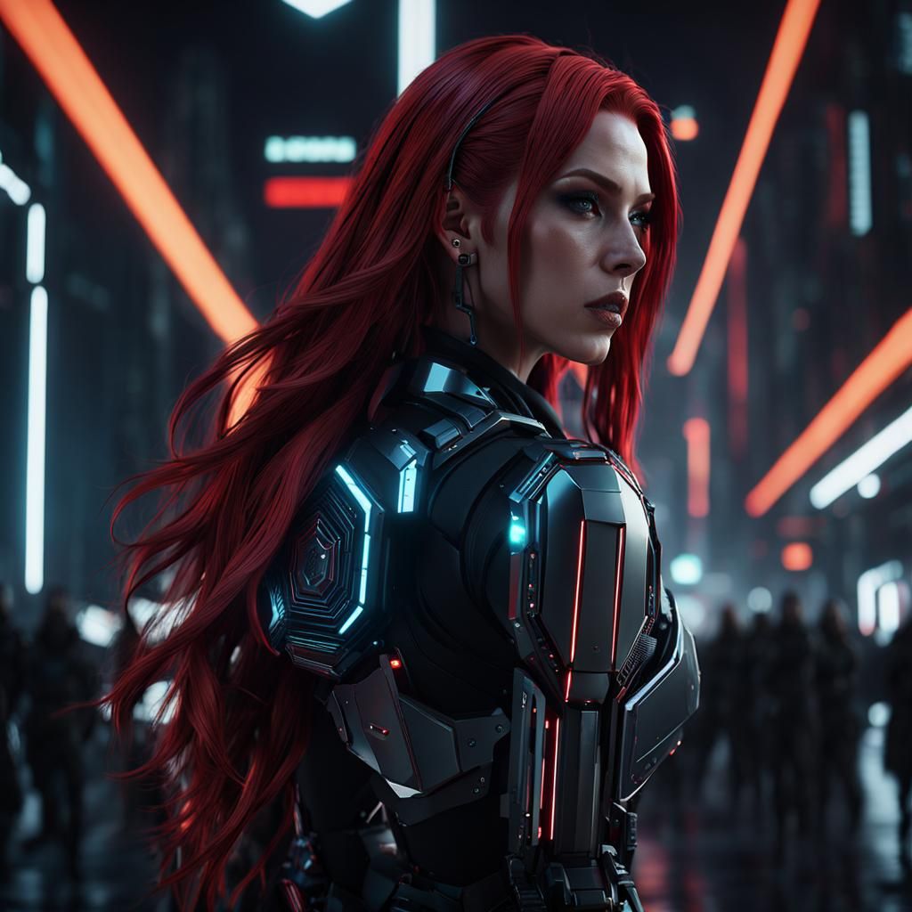 Cyberpunk Woman with Red Hair in Futuristic City