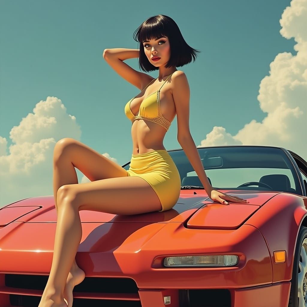 Persian Woman in Summer Dress Poses on 1991 Nissan NSX