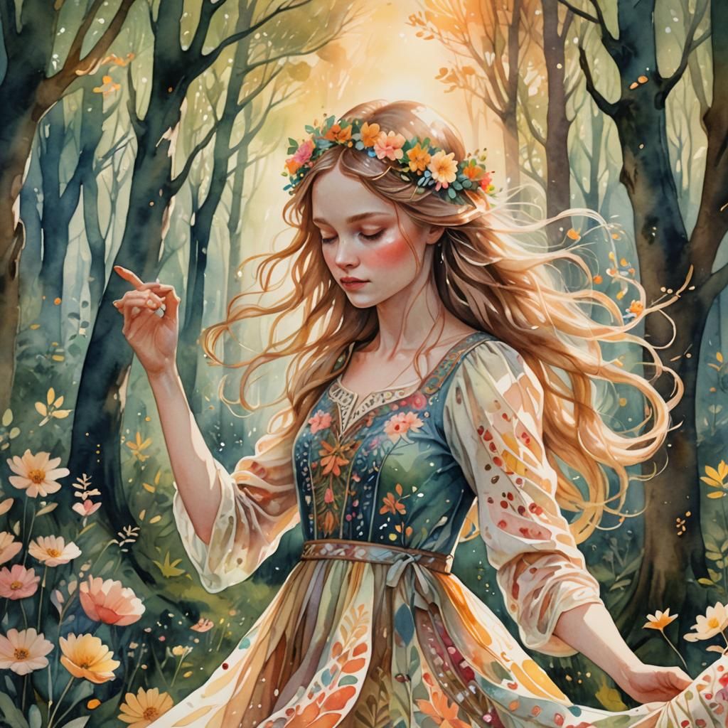 Enchanting Forest Maiden in Whimsical Watercolour Style