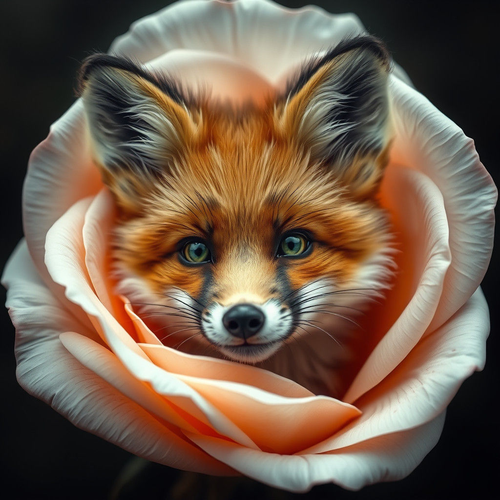 Fox Peeking from Rose, Hyper-Realistic Detailed Art