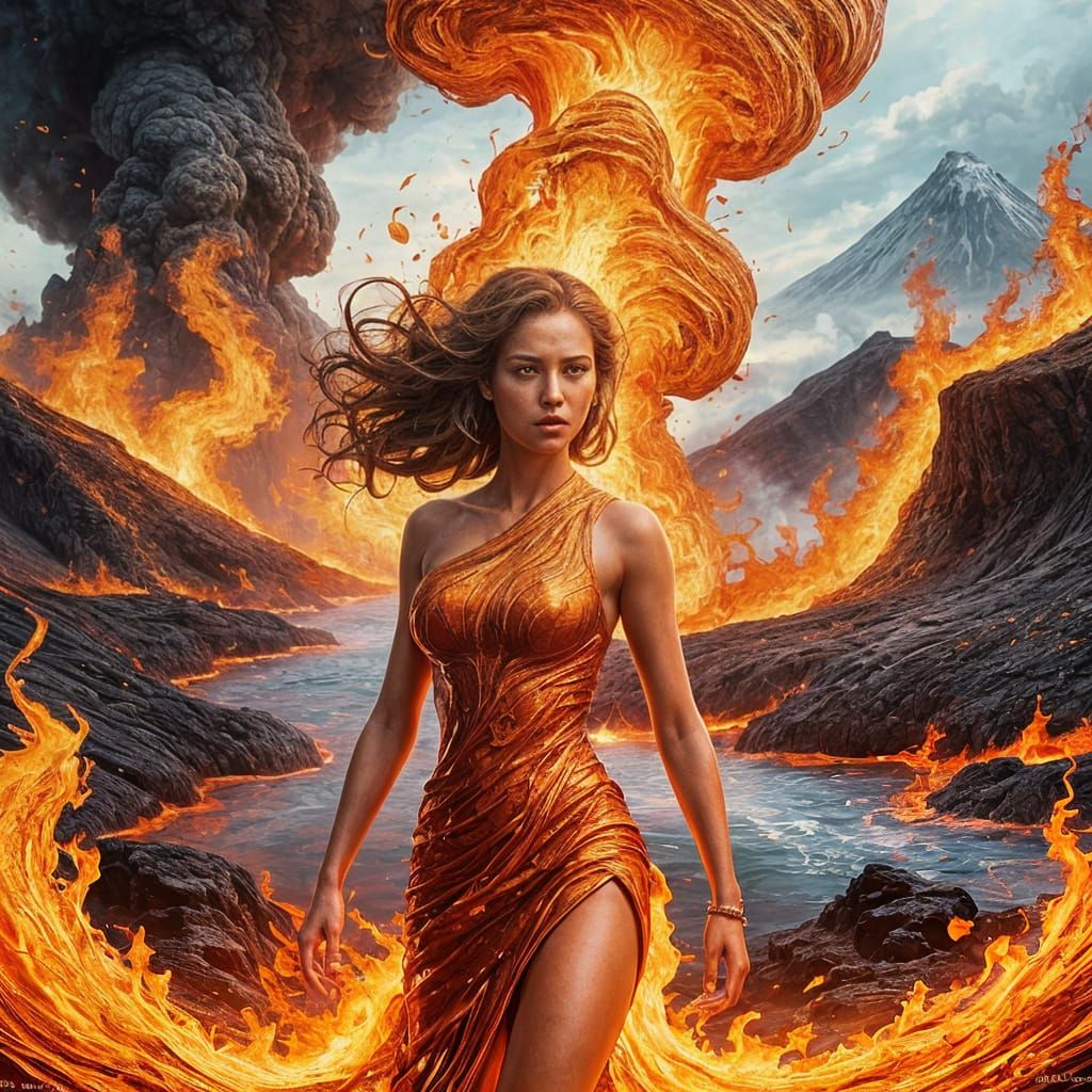 Volcano Eruption Creates Woman in Flames: Splash Art
