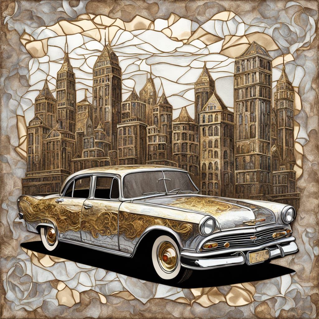 Vintage Car in Sepia Cityscape as Impasto Oil