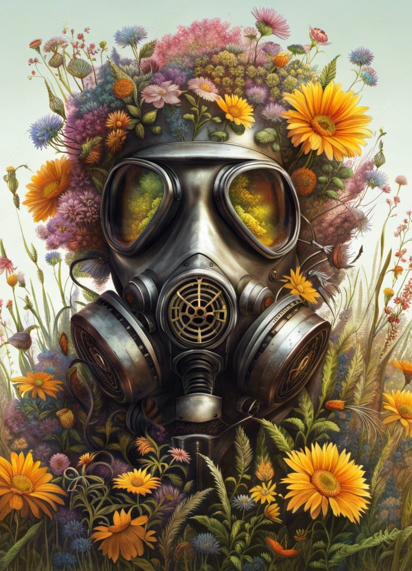 Steampunk Floral Man with Gas Mask in Cyberpunk Style