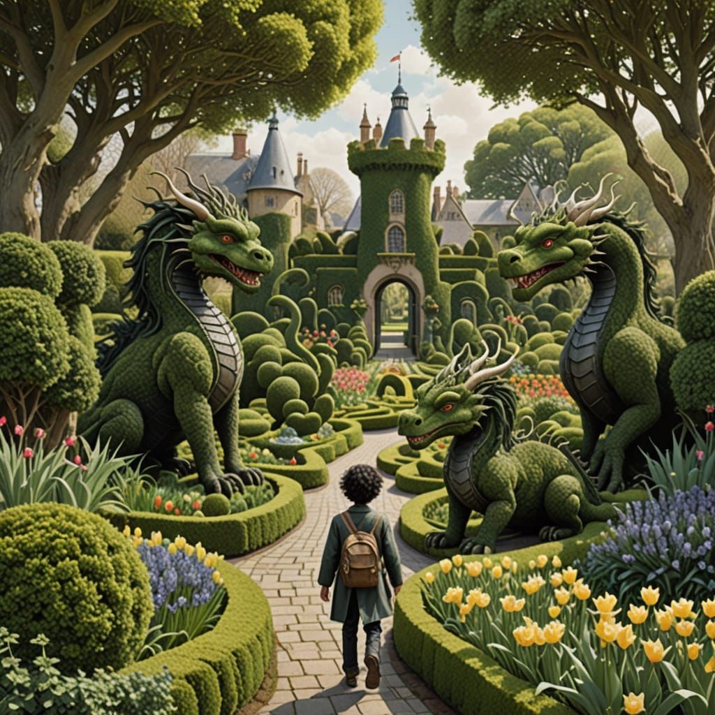 Surreal Spring Garden Adventure with Friendly Dragons in a W...