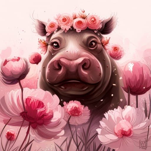 Happy Hippo Covered in Peony Flowers