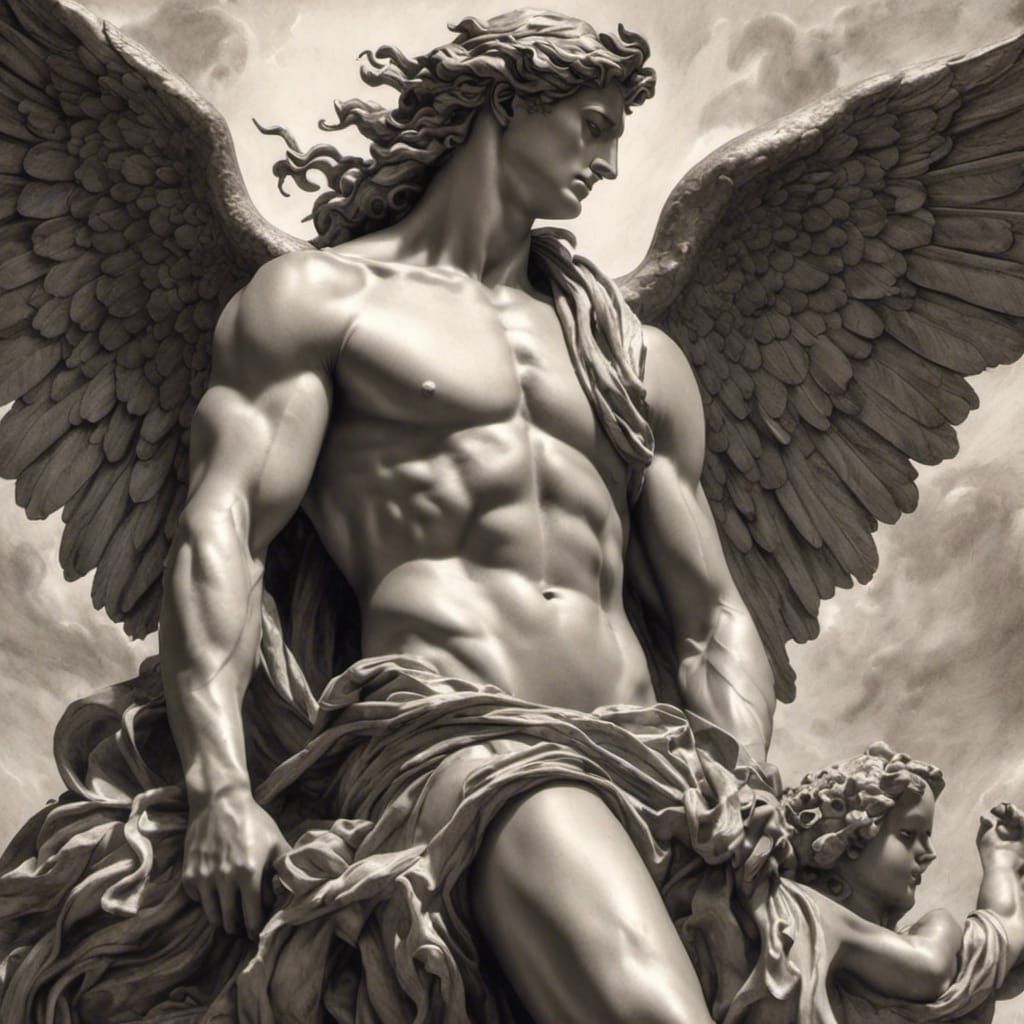 Mercury Rescues Psyche: Hyperdetailed Charcoal Drawing