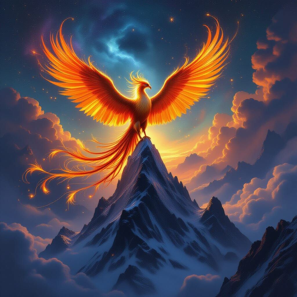 Majestic Phoenix on Crystal Peak Under Nebula Sky