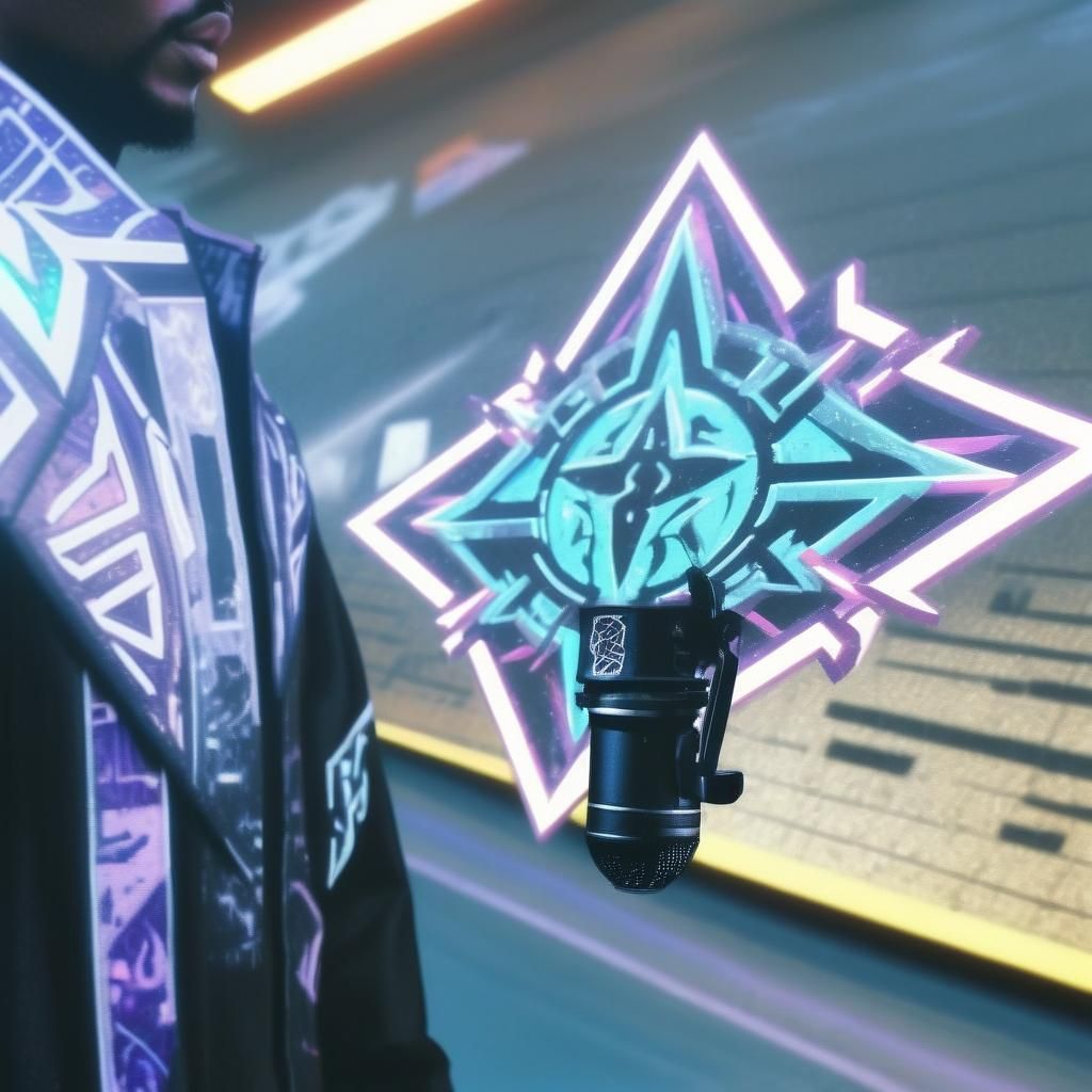 Cyberpunk Rapper on Movie Set in Neon Landscape