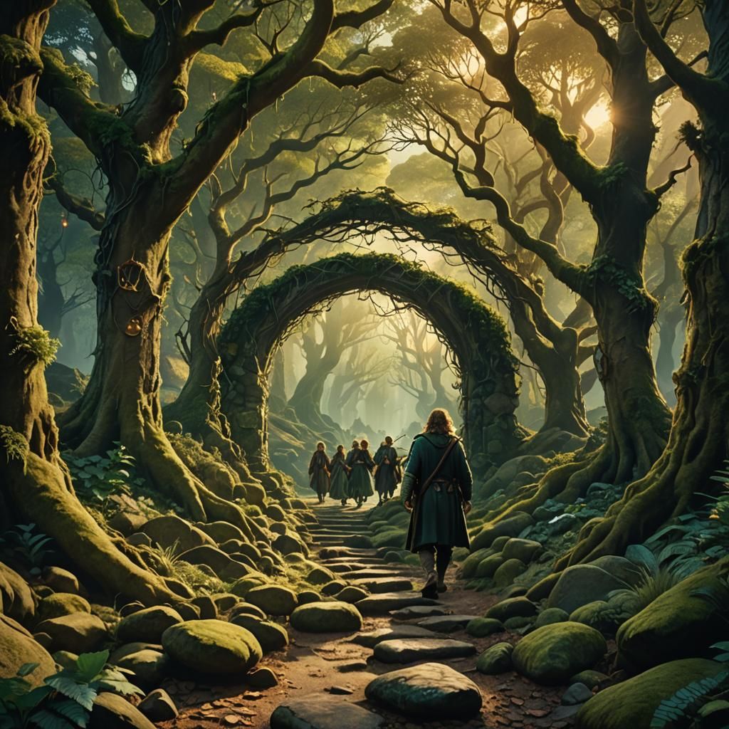 Fellowship Journey Through Mystical Forest Concept Art