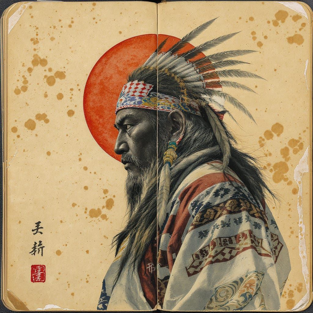 Double Exposure: Japanese Figure with Watercolor Sketchbook