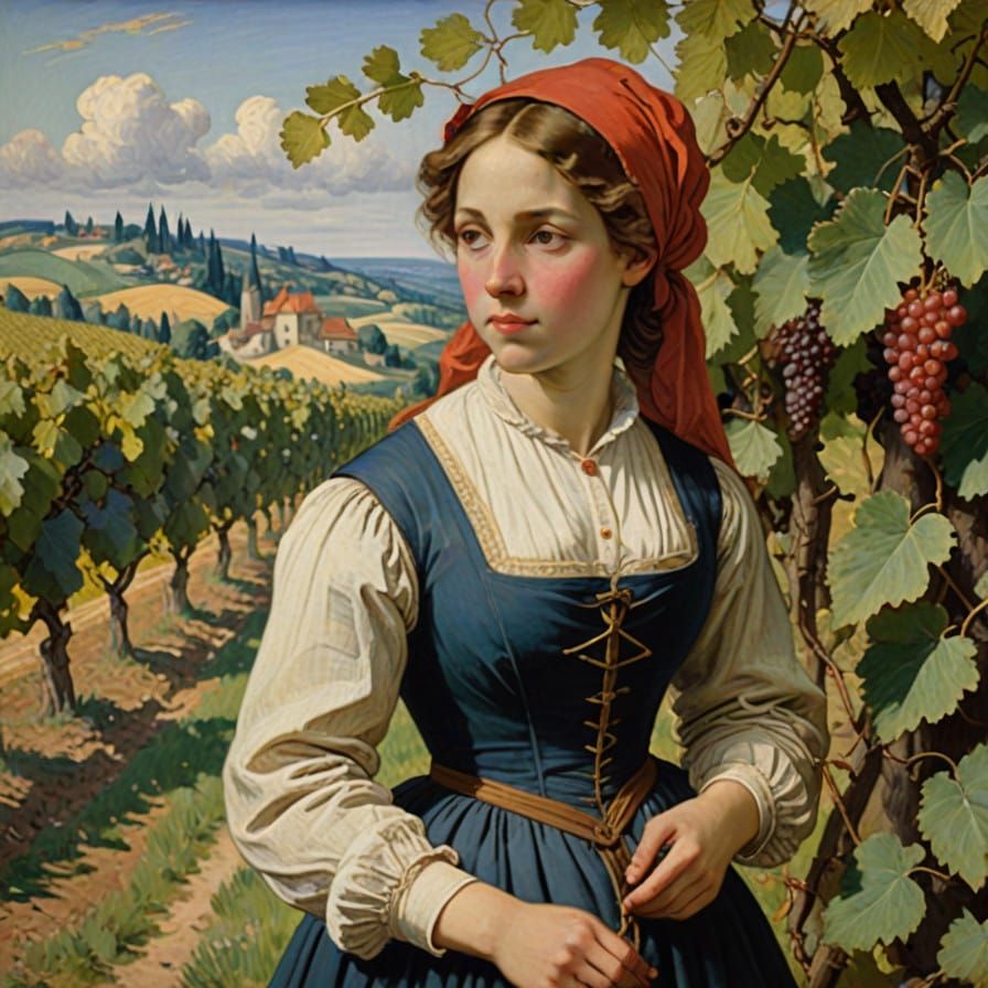 Young Medieval Peasant Woman Works in Vivid Vines