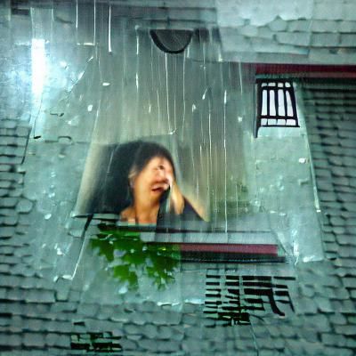 Sad Woman Gazing Through Rainy Window