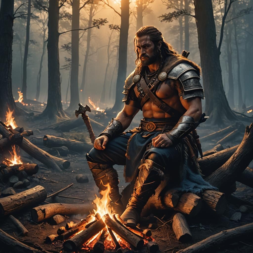 Barbarian by Campfire in Misty Fantasy Landscape