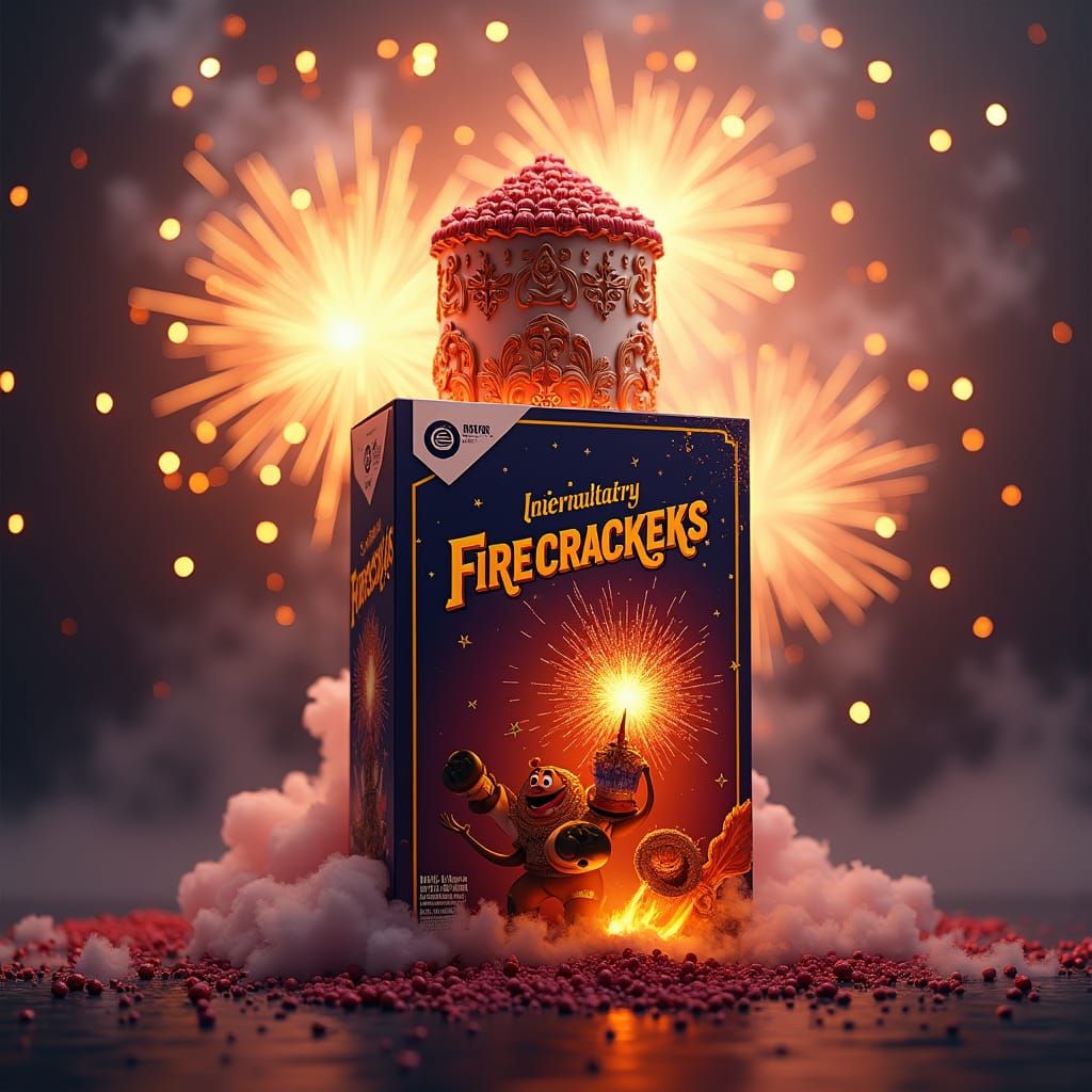 Fiery Cereal Box with Cake, Dark Fantasy Art