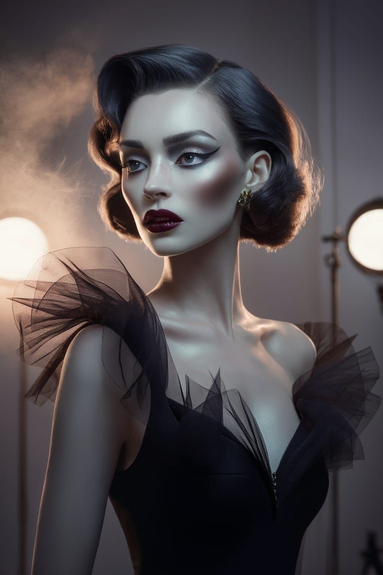 Ethereal Woman in Black Dress: A Concept Art Portrait