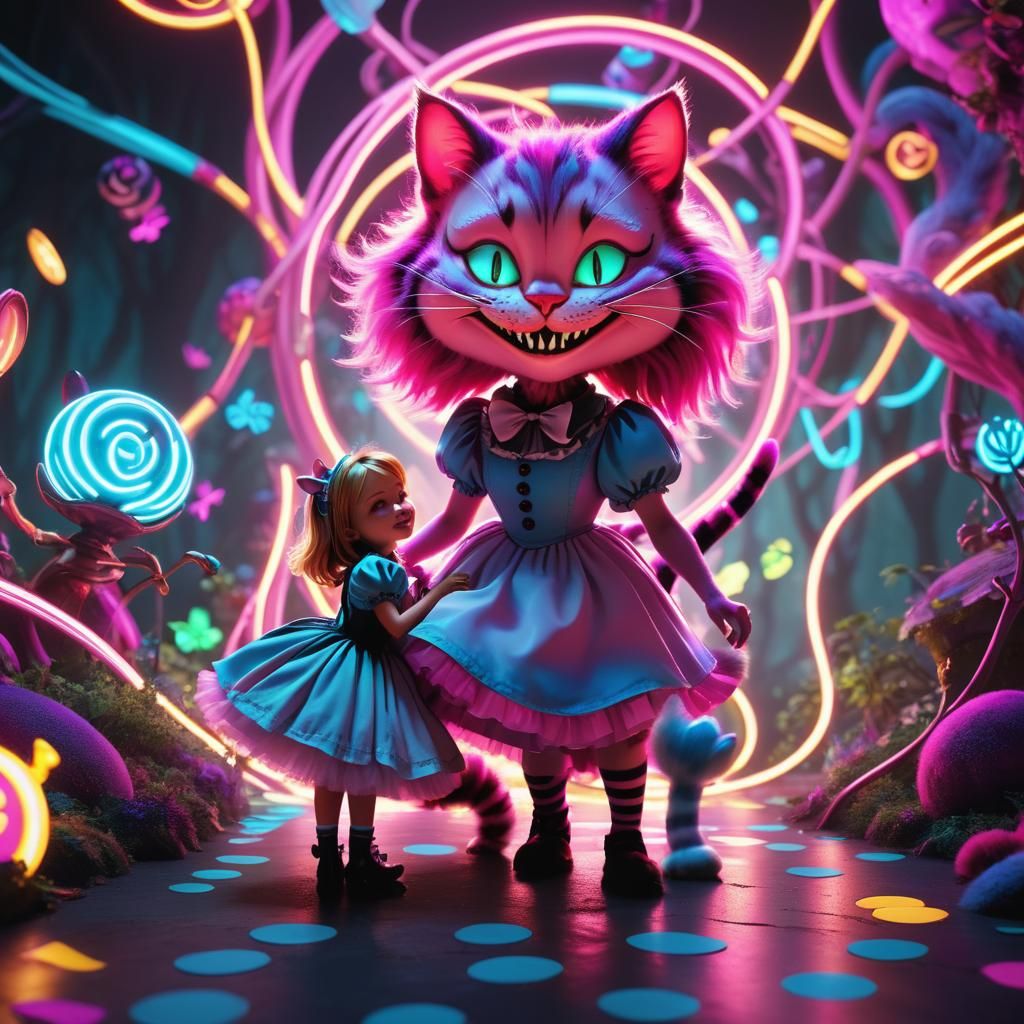 Alice and Cheshire Cat in Wonderland Neon