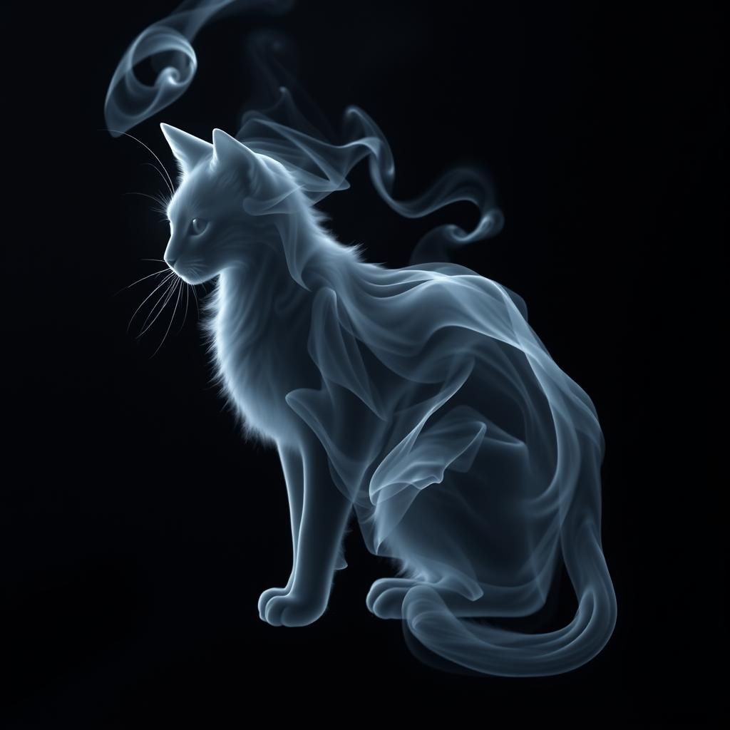 Ethereal Ghost Cat Silhouette in Smoke Painting