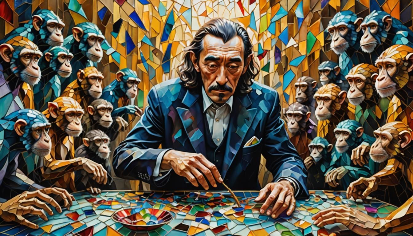 Monkeys Create Man from Stained Glass in Surrealism