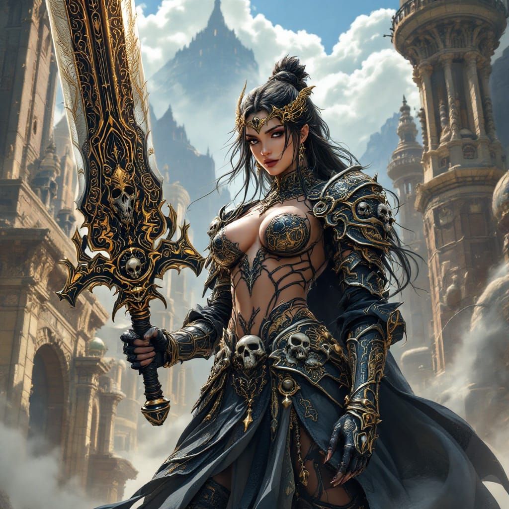 Epic Female Knight in Ancient Cityscape with Intricately Det...