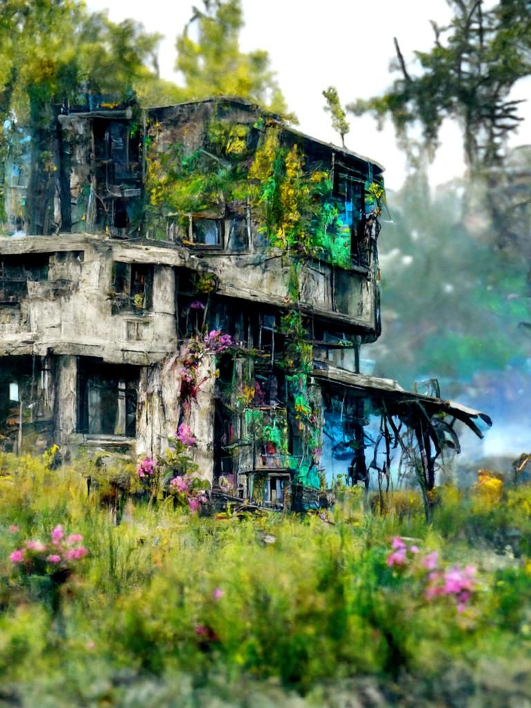 Post-Apocalyptic House Portrait in Zombie Cyberpunk Style