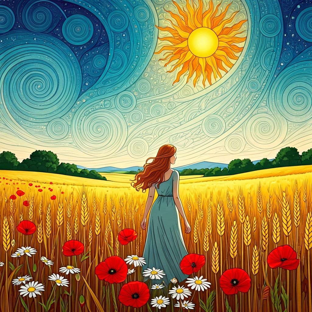 Woman in Wheat Field: Folk Art Coloring-Book Style