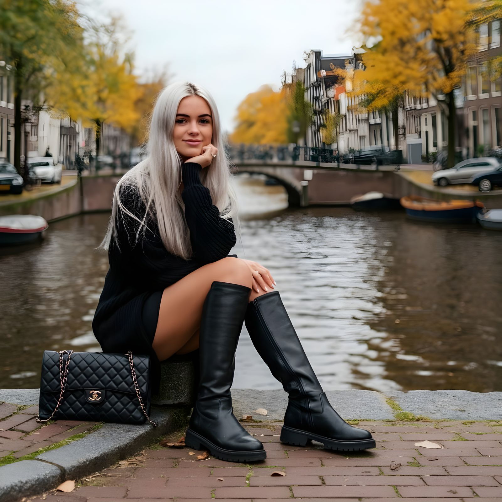 Elegant Woman by Amsterdam Canal in Autumnal Colors